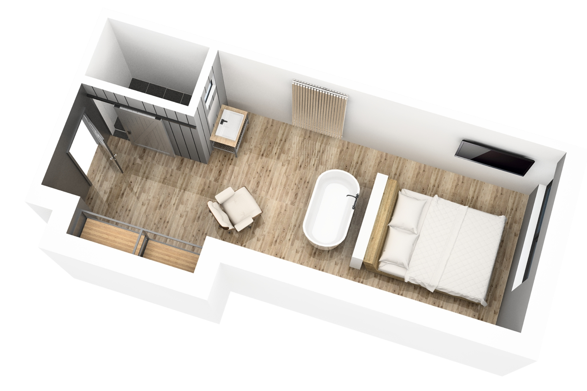 Grundriss eines modernen Zimmers mit Bett, Badewanne, Sessel und Fernseher. Holzfußboden und helle Wände.