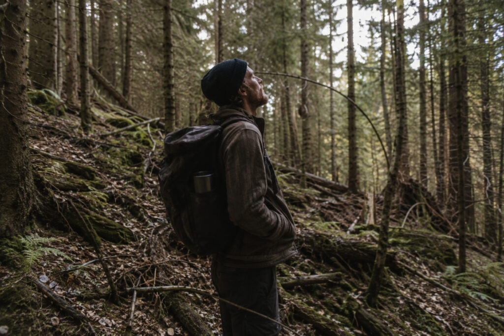 Ein Mann mit Rucksack steht im Wald, schaut nach oben und beobachtet die Baumkronen zwischen den Ästen.