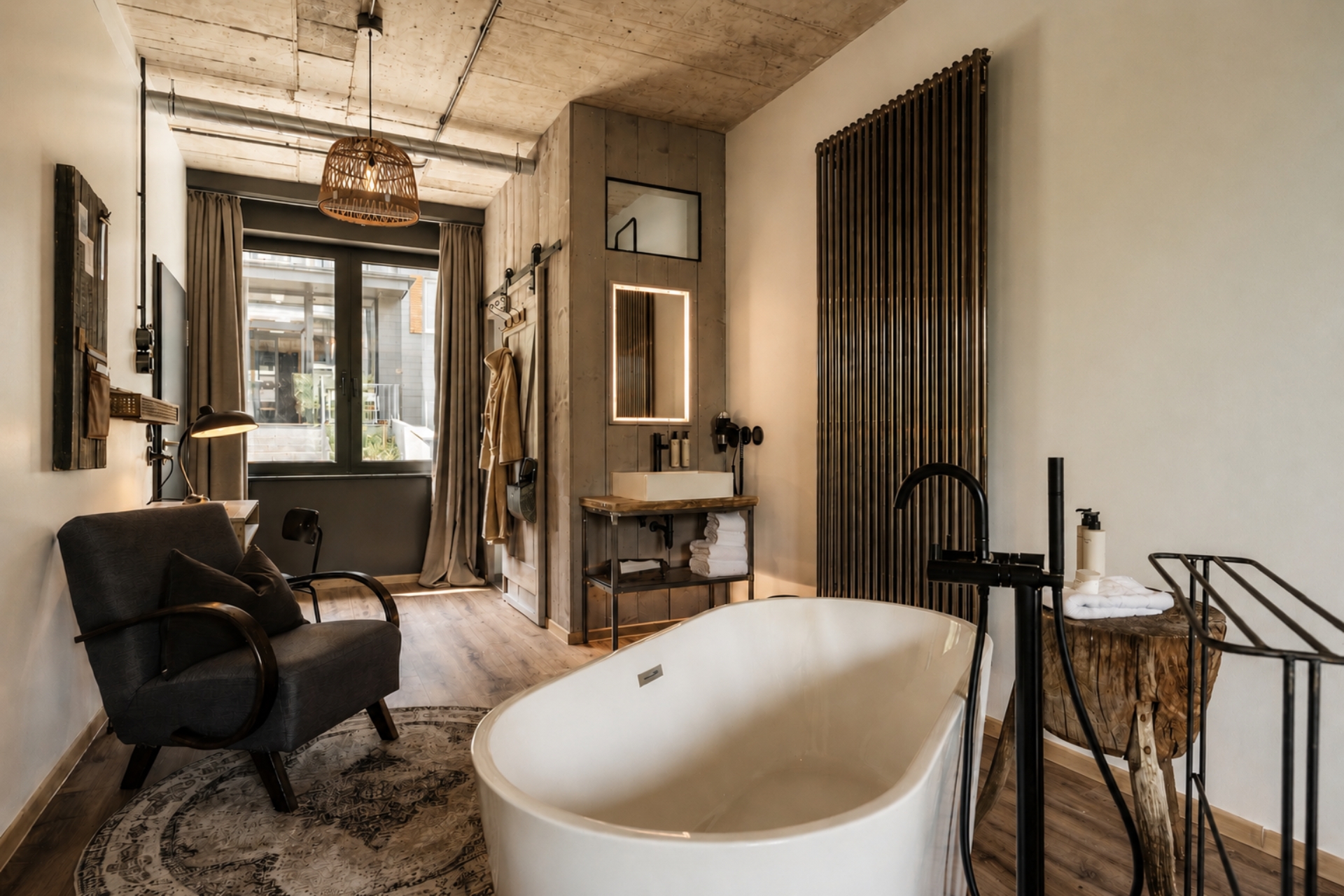 Moderne Badezimmeransicht mit freistehender Badewanne, Holzoberflächen, einem gepolsterten Stuhl und einem großen Fenster.