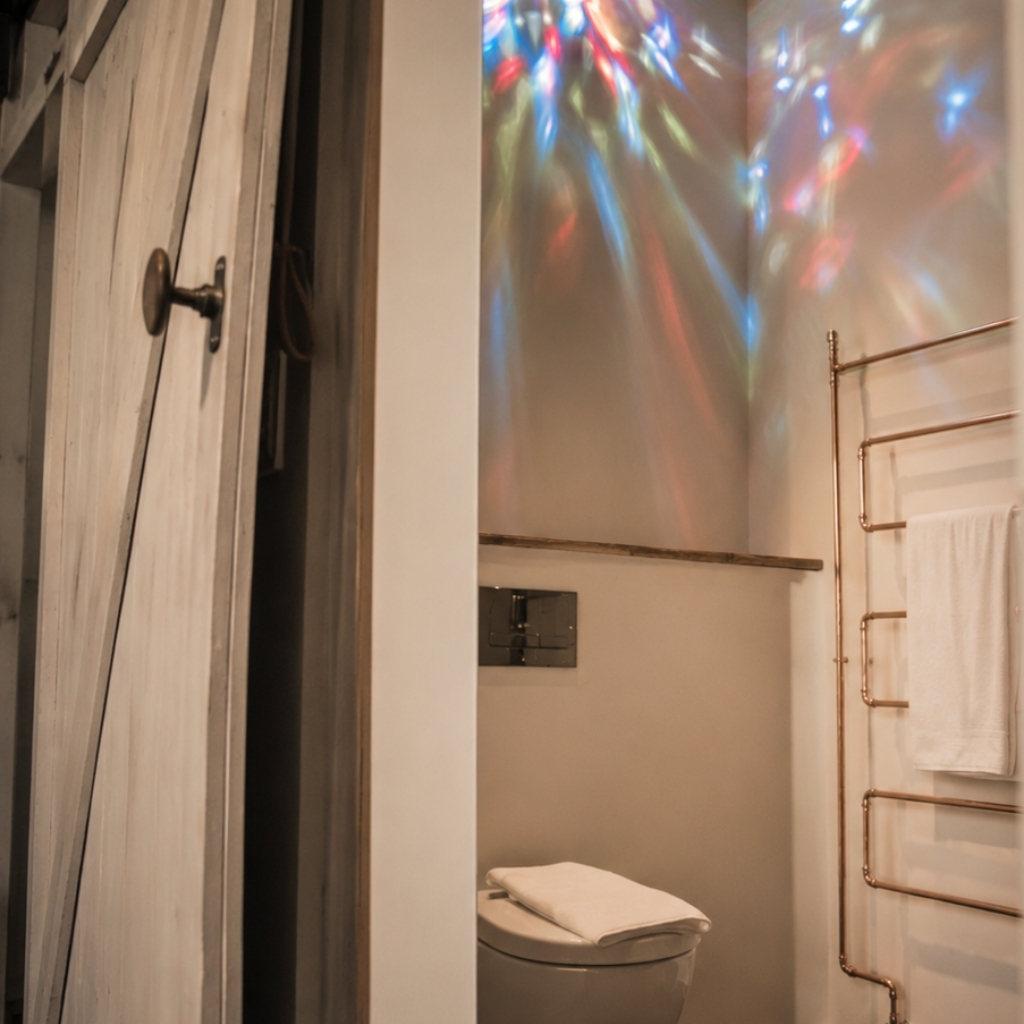 Blick in ein Badezimmer mit einer Toilette, weißen Handtüchern, einer Heizungsröhre und buntem Lichtspiel an der Wand.