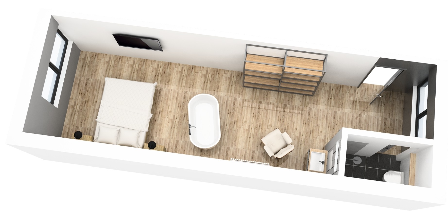 Grundriss eines modernen Zimmers mit Bett, Badewanne, Sitzbereich und angrenzendem Badezimmer, hell und minimalistisch gestaltet.