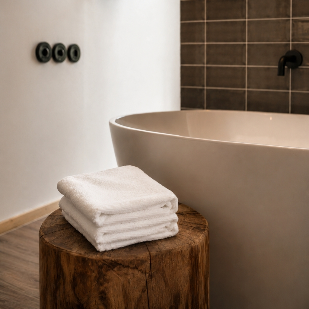 Stapels sauberer, weißer Handtücher auf einem Holztisch neben einer modernen, runden Badewanne in einem stilvollen Badezimmer.