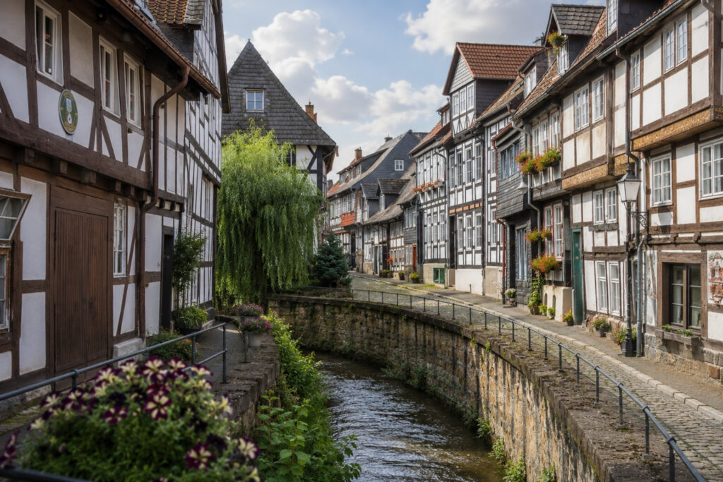 Fachwerkhäuser entlang eines kleinen Gewässers in einer historischen Stadt, umgeben von Pflanzen und blühenden Blumen.