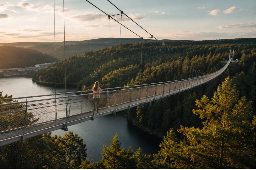 Frau auf einer Hängebrücke über einen See, umgeben von Wald und Berglandschaft bei Sonnenuntergang.