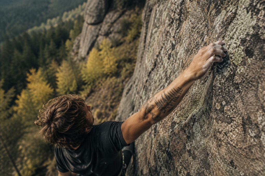 Kletterer mit einem Tattoo greift an einer Felswand, umgeben von herbstlichen Wäldern in der Ferne.