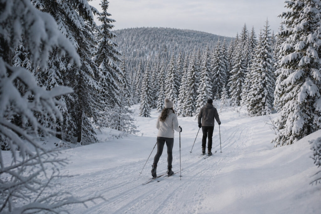 Zwei Personen skaten auf Langlaufskiern durch eine verschneite Waldlandschaft mit hohen, schneebedeckten Tannen.