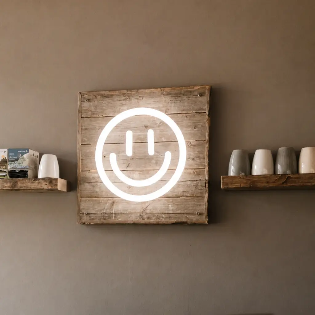 Leuchtendes Smiley-Symbol auf Holzplatte, befestigt an einer grauen Wand, mit Regalen und Bechern im Hintergrund.