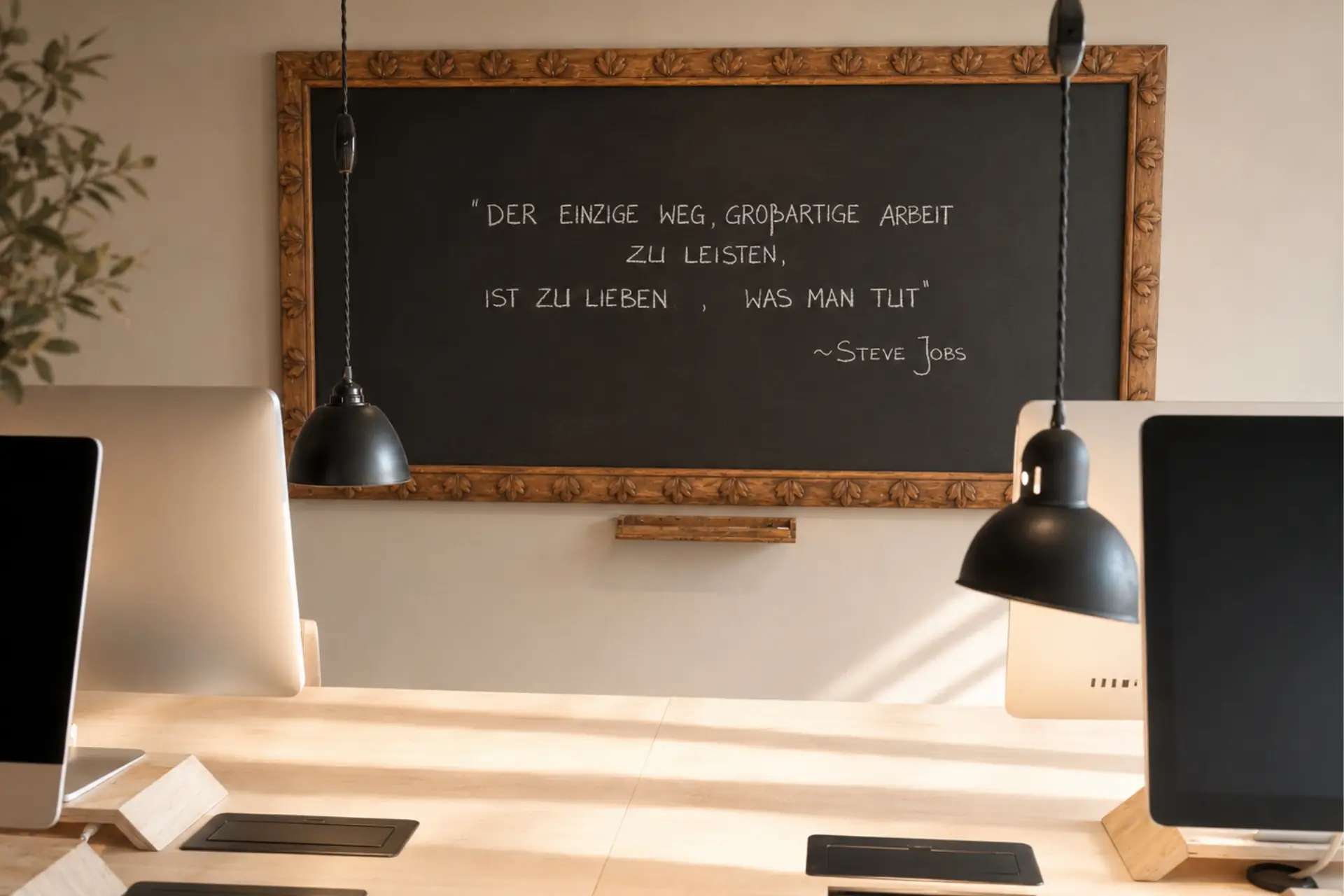 Schwarze Tafel im Büro mit einem Zitat von Steve Jobs über Leidenschaft und Arbeit, umgeben von Computern und Schreibtischlampen.