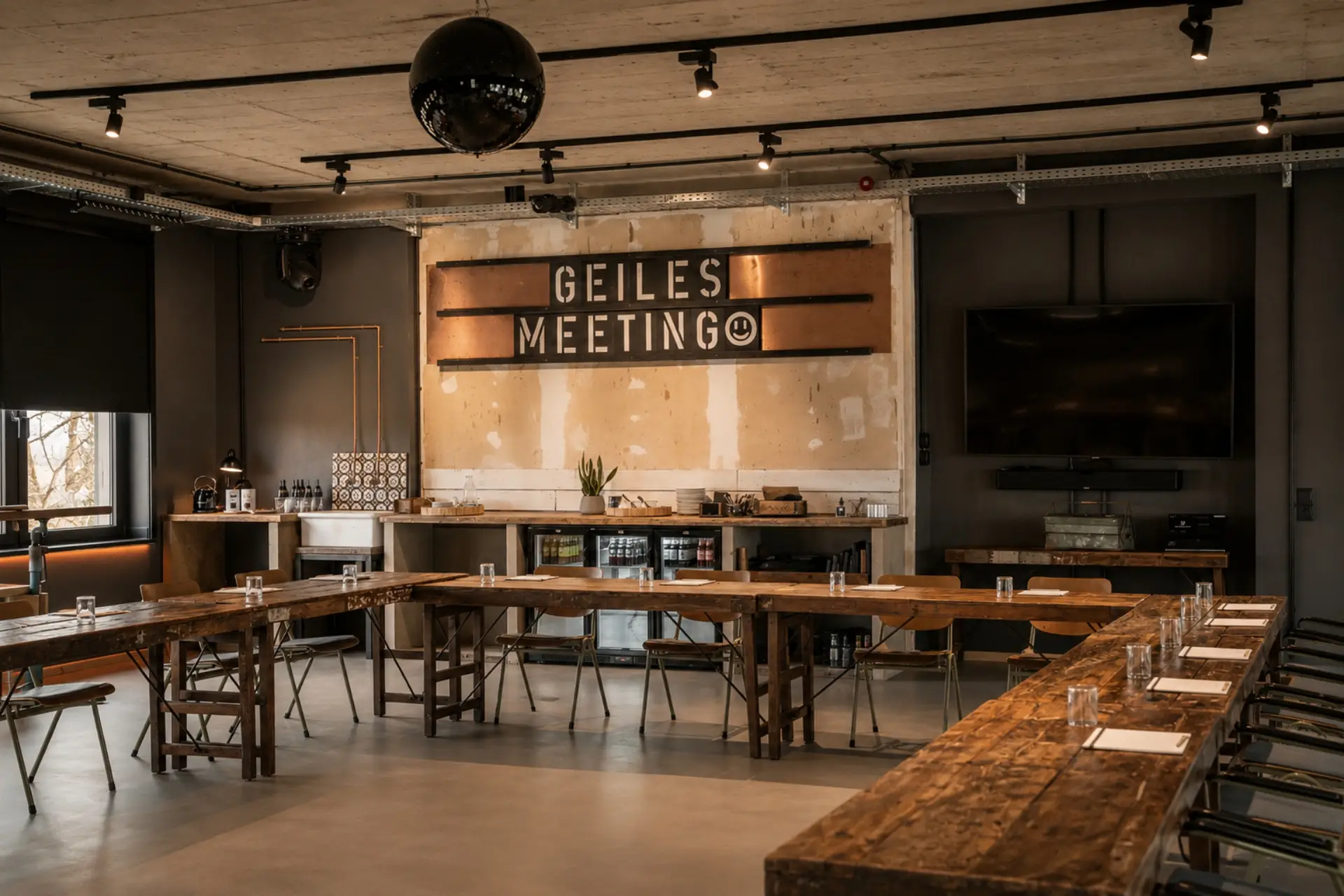 Meetingraum mit Holztischen, Stühlen und einer Wand mit der Aufschrift „GEILES MEETING“, TV und Kaffeestation.
