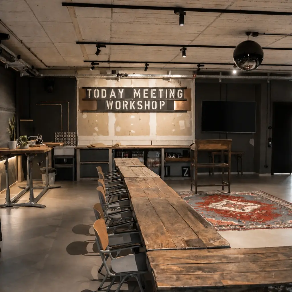 Blick in einen modernen Workshop-Raum mit langen Holztischen, Stühlen und einer Wandtafel mit Aufschrift „TODAY MEETING WORKSHOP“.