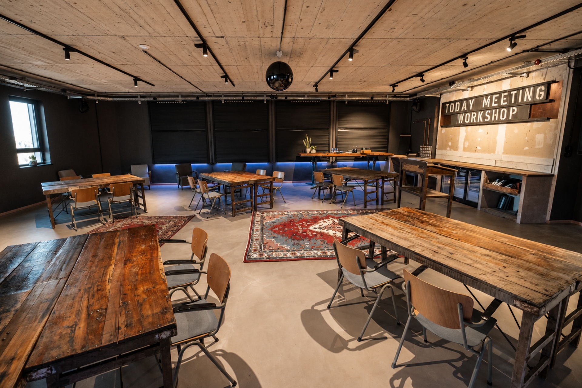 Meeting-Raum mit Holztischen und Stühlen, Teppich, Pflanzen und Skulptur. Beleuchtung sorgt für moderne Atmosphäre.