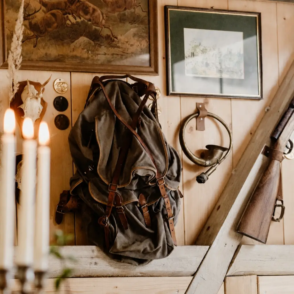 Rucksack aus Stoff mit Lederdetails hängt an einer Holzpaneelwand, umgeben von Jagdtrophäen und historischen Bildern.