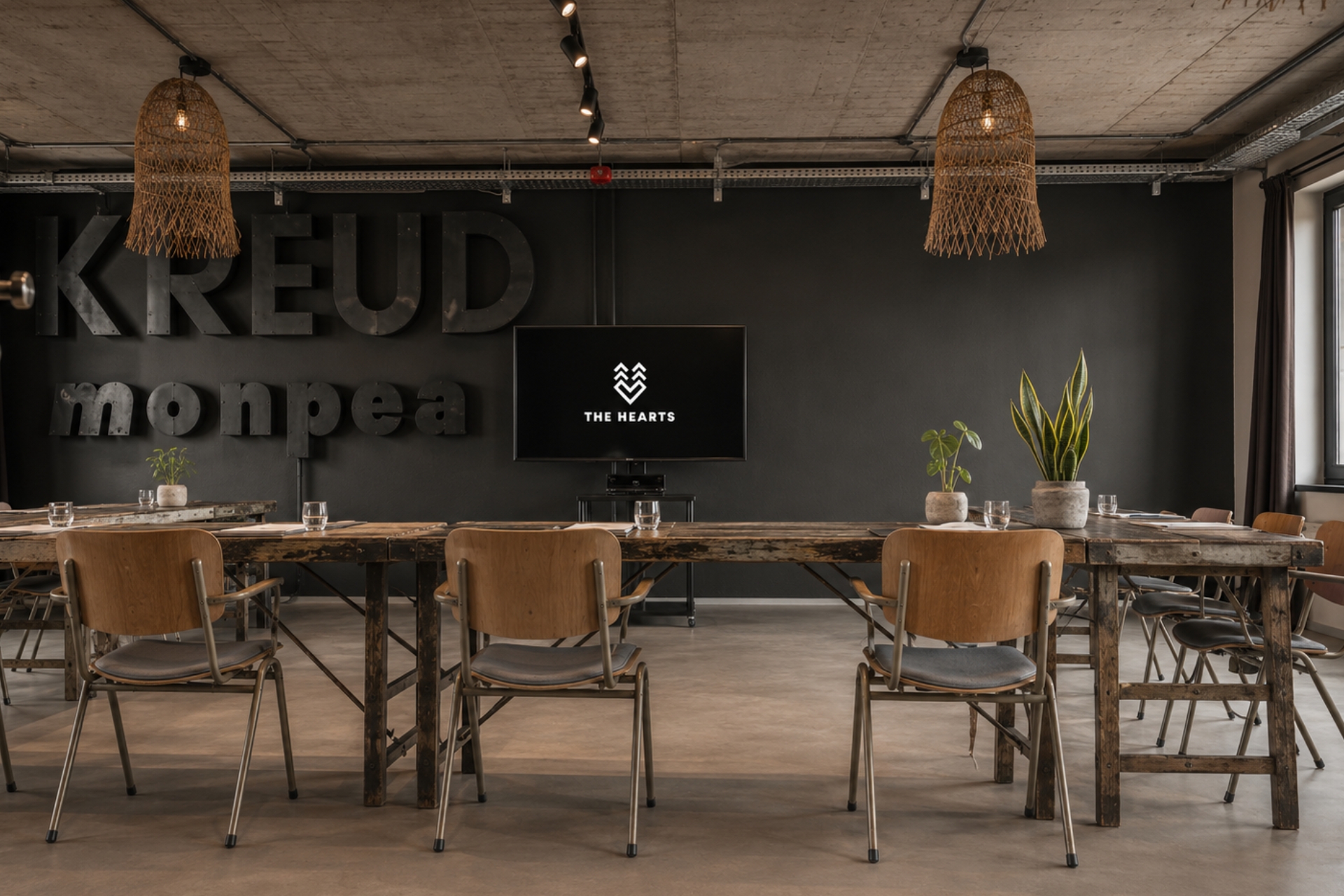 Konferenzraum mit Holztisch, Stühlen, Pflanzen und einem Bildschirm. Wände in Schwarz mit Schriftzug „KREUD monpea“ und „THE HEARTS“.