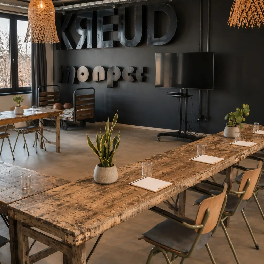 Moderne Konferenzraum mit Holztischen, Sitzplätzen, Pflanzen und Bildschirm; stilvolle, geschäftliche Atmosphäre.