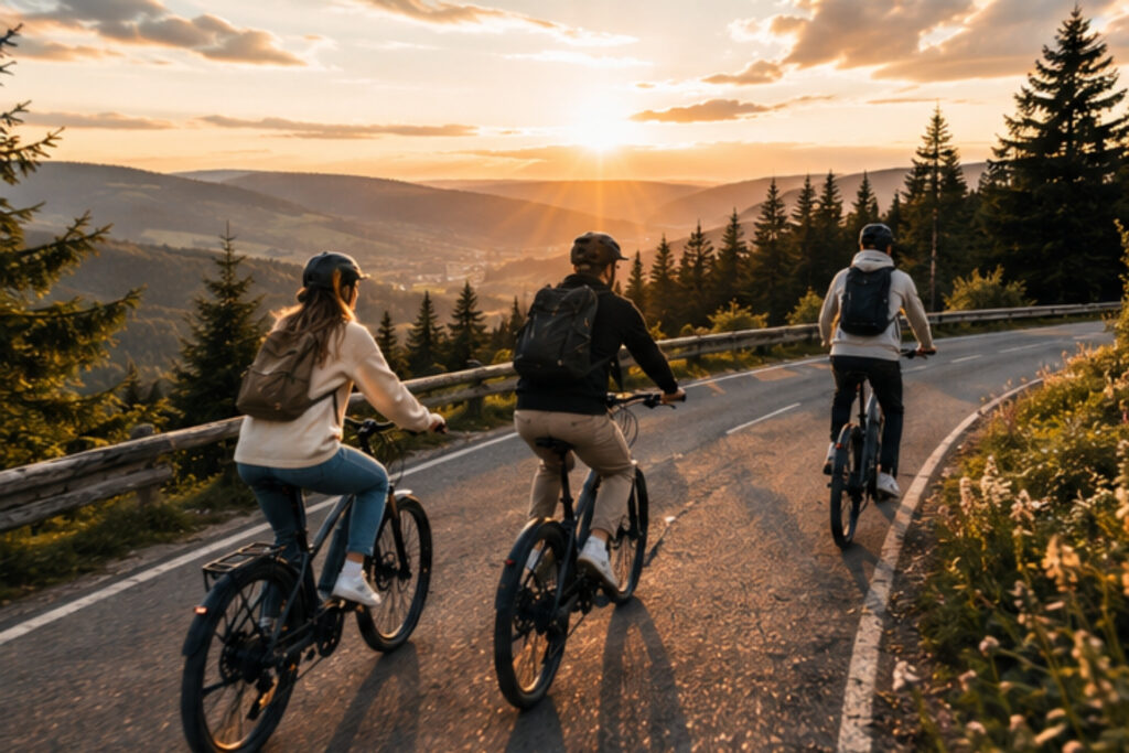 Drei Personen fahren mit Fahrrädern auf einer kurvenreichen Straße, während die Sonne hinter den Bergen aufgeht.