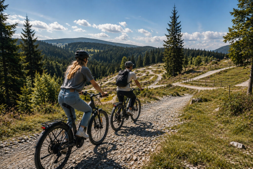 Zwei Personen fahren mit dem Mountainbike auf einem Kiesweg durch einen Wald in gebirgiger Landschaft bei sonnigem Wetter.