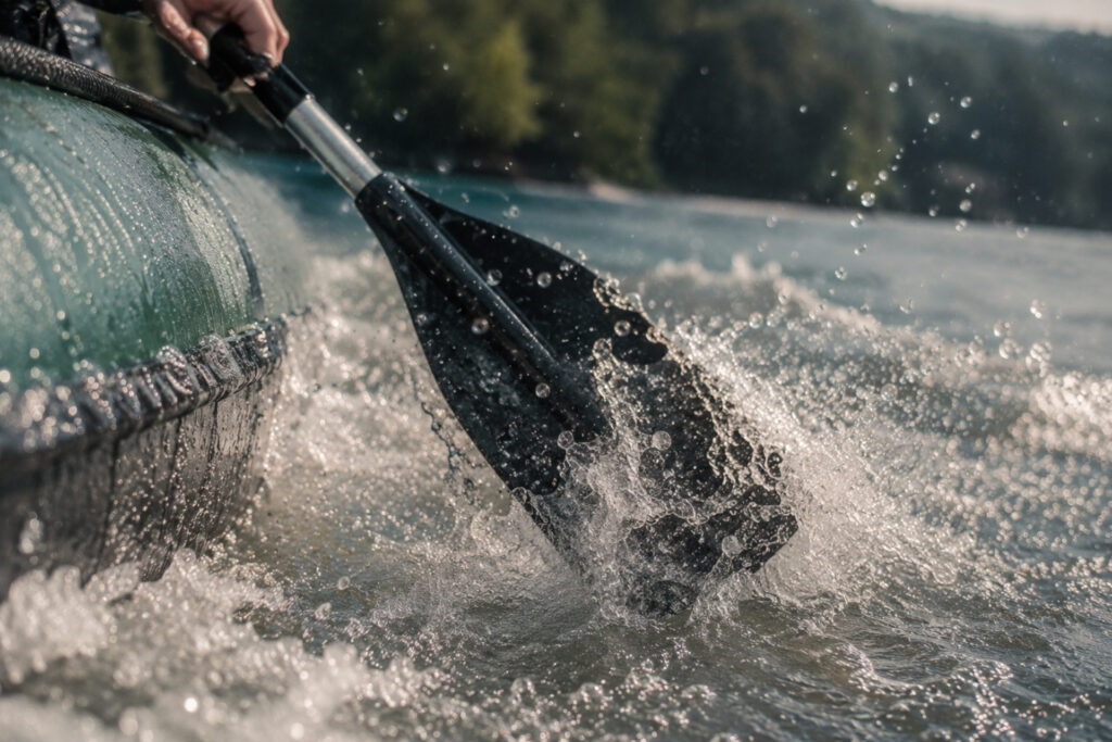 Paddel im Wasser eines Rafts mit spritzenden Wassertropfen, umgeben von grüner Natur und sonnigem Wetter.