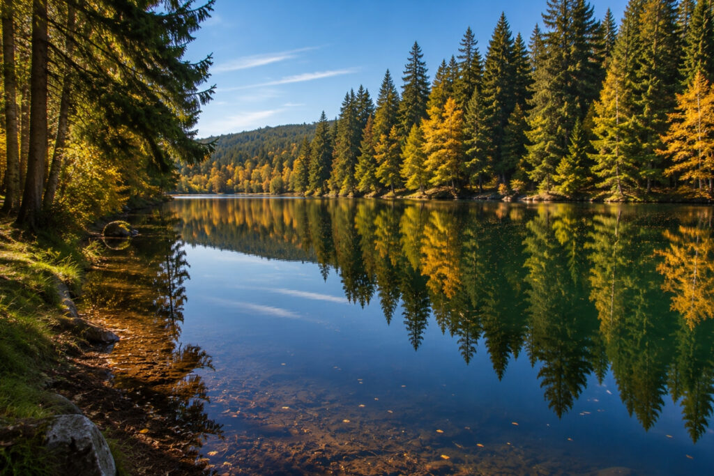 Ruhiger See, umgeben von Nadelbäumen und buntem Laubwald im Herbst, mit klarem Himmel und spiegelndem Wasser.