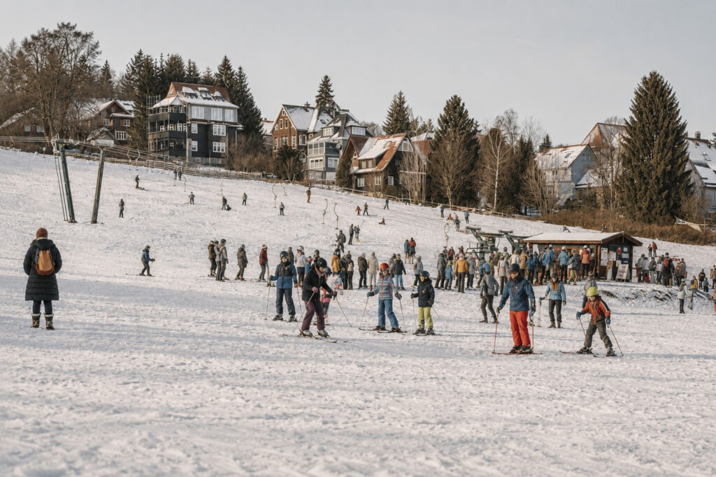 Skigebiet mit vielen Menschen auf der Piste, einige skifahren, andere warten in der Schlange zur Liftstation, am Hang Häuser.