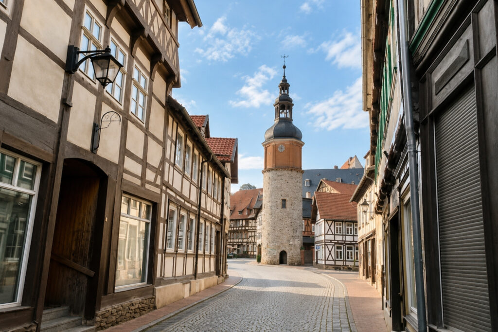 Fachwerkhäuser an einer gepflasterten Straße, im Hintergrund ein Turm mit Kuppeldach und blauem Himmel.