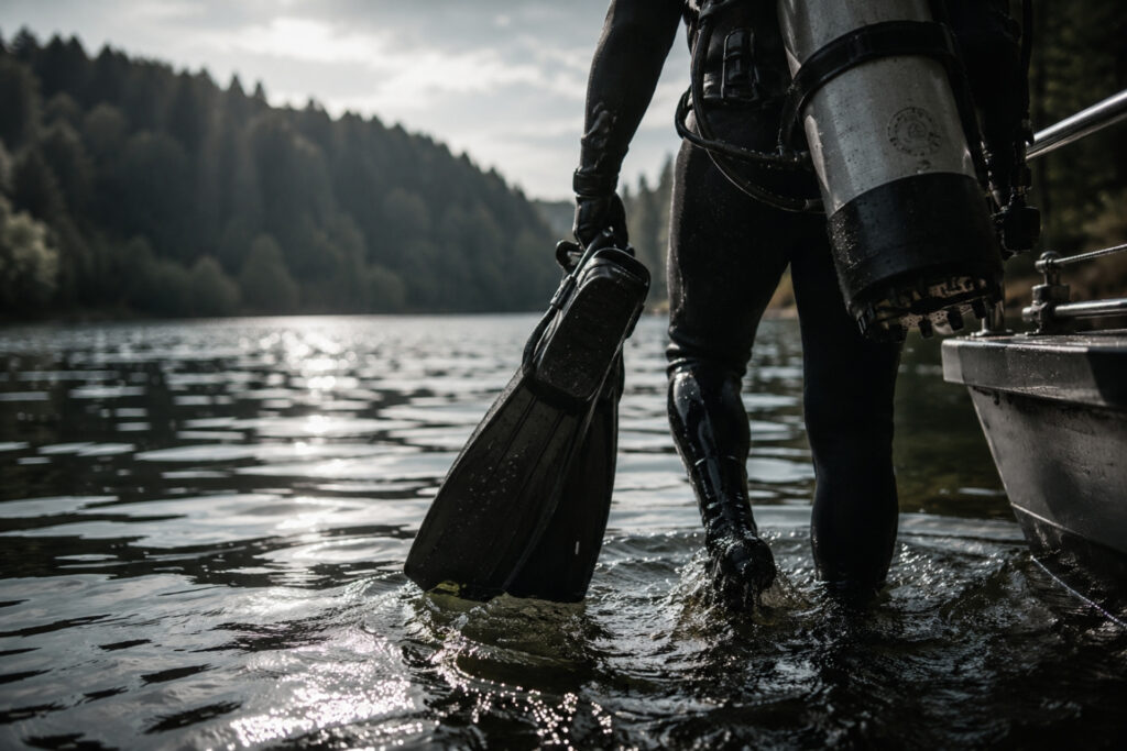 Taucher in einem schwarzen Neoprenanzug geht mit Flossen ins Wasser, im Hintergrund Wald und Boot. Die Atmosphäre ist ruhig.