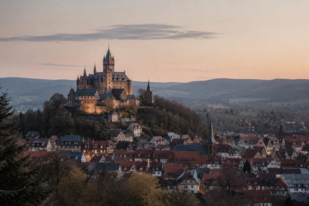 Blick auf eine mittelalterliche Burg auf einem Hügel, umgeben von Dächer und Landschaft im Abendlicht.