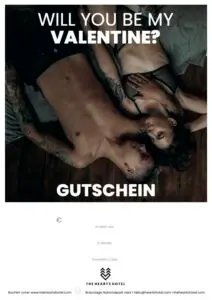Pärchen liegt auf einem Bett, umgeben von romantischer Atmosphäre. Text fragt: Willst du mein Valentin sein? Gutschein für ein Hotel.